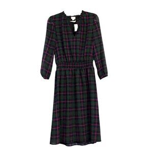 NWT J Crew Long Sleeve Midi Dress XS Plaid Tie Neck Smocked Dark Academia Preppy
